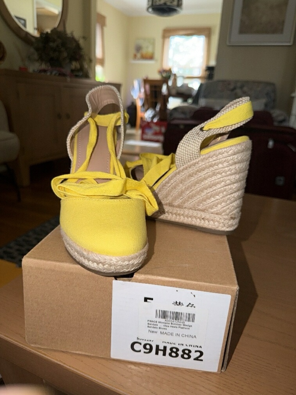 Source Unknown Yellow Canvas Espadrille Wedge Sandals with Ankle Tie